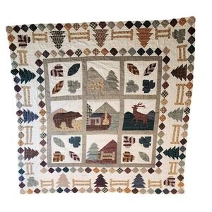 VINTAGE Handmade‎ Rustic Lodge Moose Bear Pine Tree Patchwork Cabin Quilt 80x80